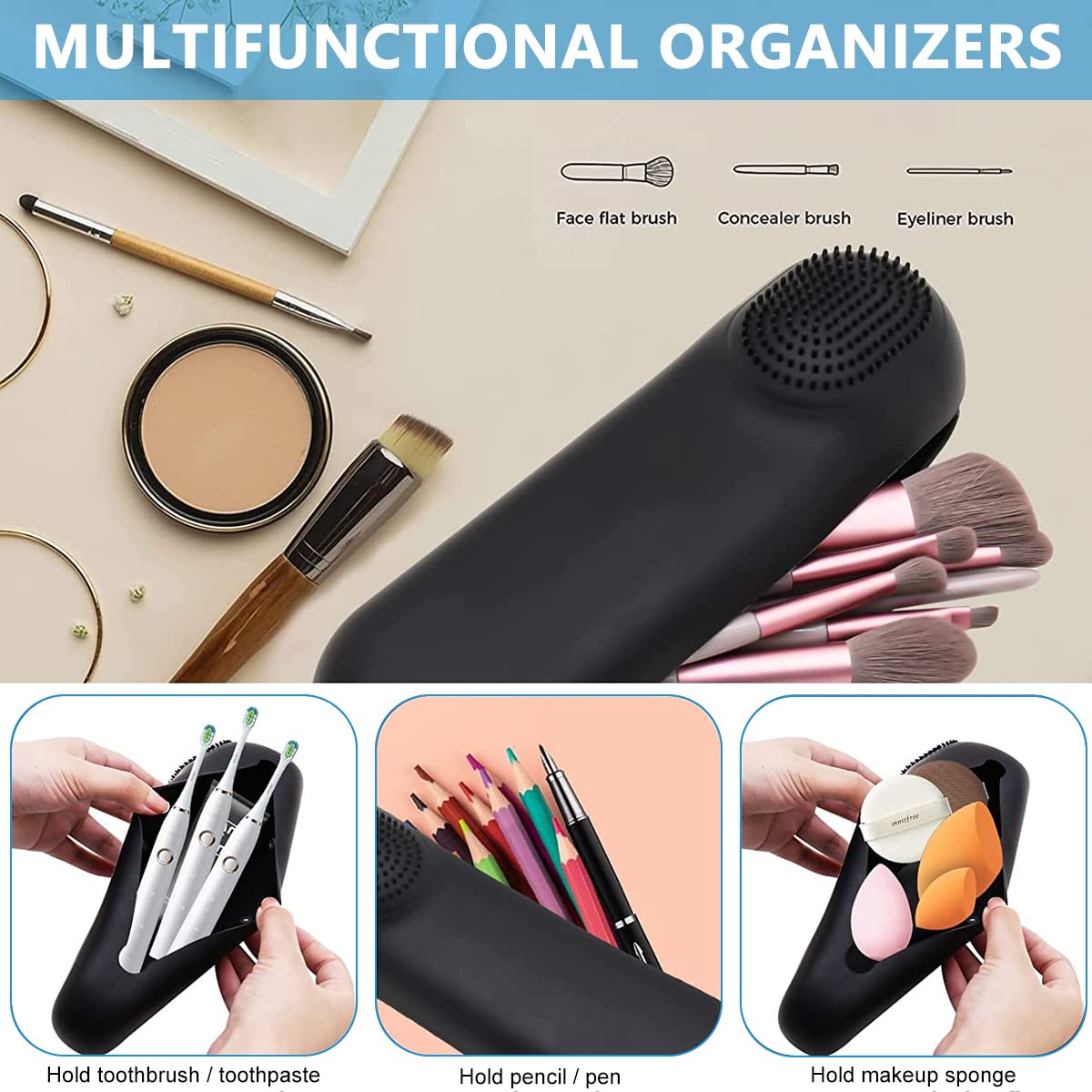 MAYCREATE® Makeup Brush Holder Case Silicone Cosmetic Makeup Brushes Organizer with Cleaning Area, for Travel Daily Use - Full Sized & Large Brushes Fit, Magnetic Closure (Brushes Not Included)