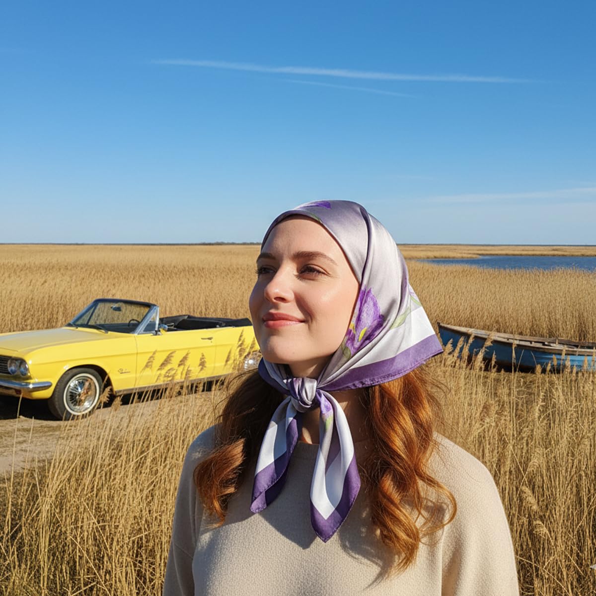 SANNIDHI Neck Scarf for Women featuring Purple Iris Floral Print and 27.5 in Square Design | Silk‑Like Lightweight Accessory