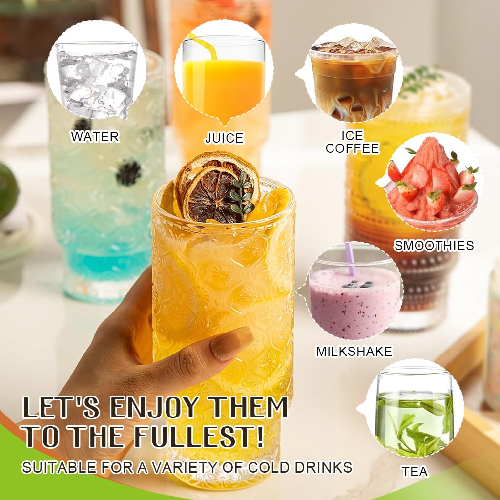 Supvox Drinking Glasses 11oz Set of 4 with Wooden Lids and Bent Straws | Vintage Textured Clear Design