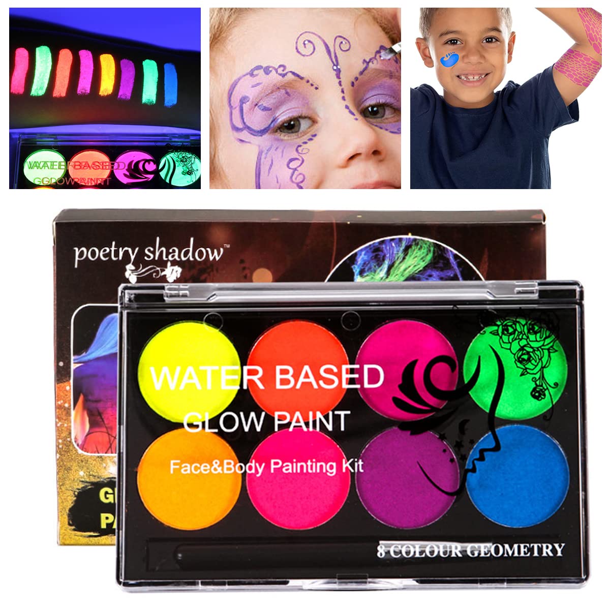 HASTHIP  Face Paint Glow In The Dark Face Body Paint, 8 Neon Colors Glow In Dark Makeup Water Based Paint with Painting Brush Non-Toxic Washable for Kids Adult, Halloween Costume Masquerades