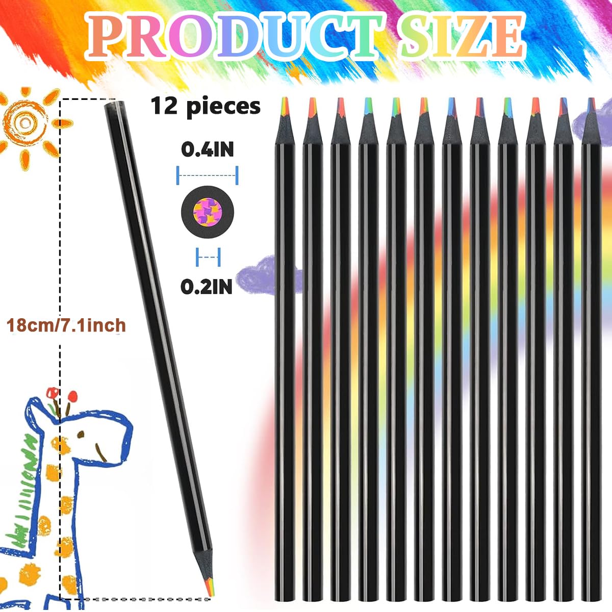 Climberty Rainbow Pencils for Adult Coloring with 12 Multicolor 0.2 in Thick Core | Ebony Wood