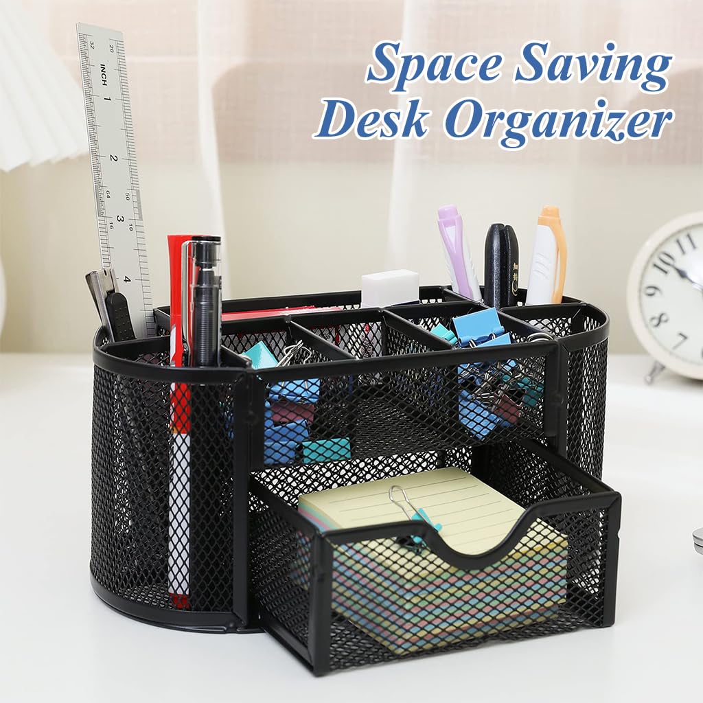 ZIBUYU® Desk Organizer, Pencil Holder for Desk, Mesh Office Desk Accessories with 8 Compartments and 1 Drawer Stationery