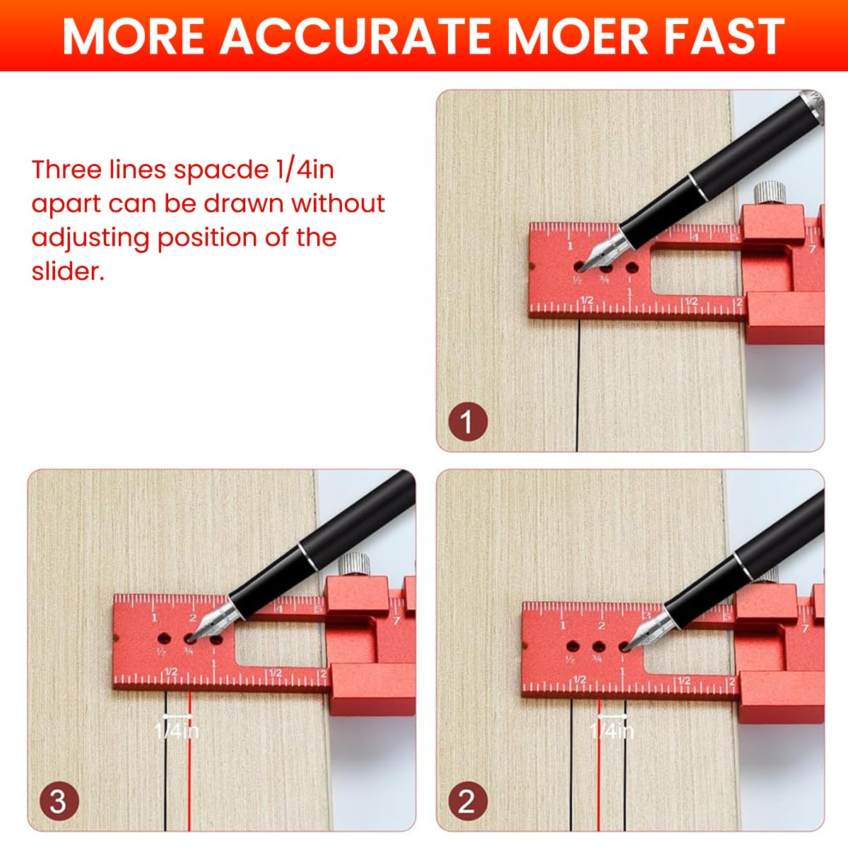 Serplex Woodworking Ruler for DIY and Construction 300mm with Sliding 45° Guide | Red Aluminum Alloy