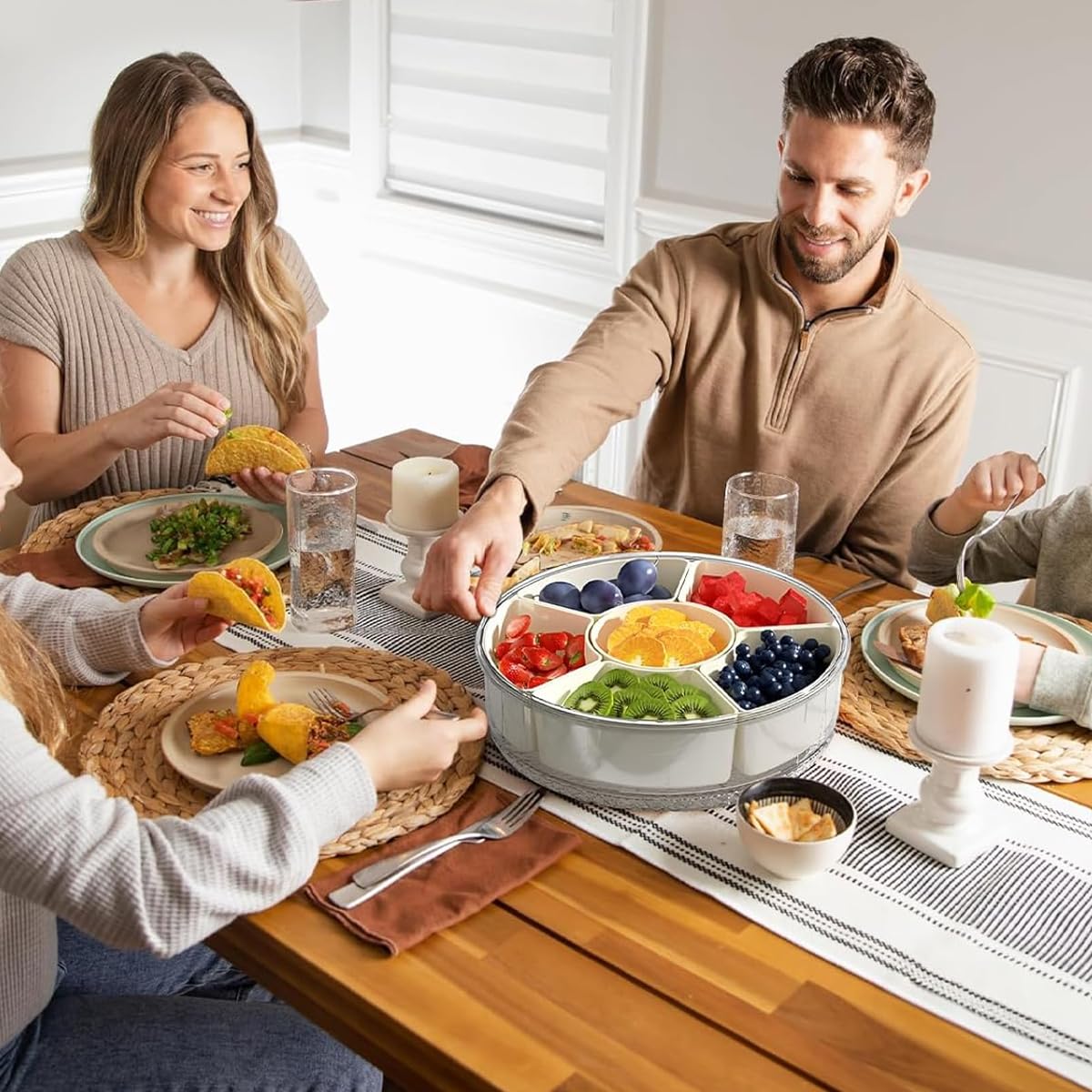 Supvox Snackle Box Container for Snacks and Fruits with 6 Compartments and Rotating Lid | Food Grade PET PP Serving Tray