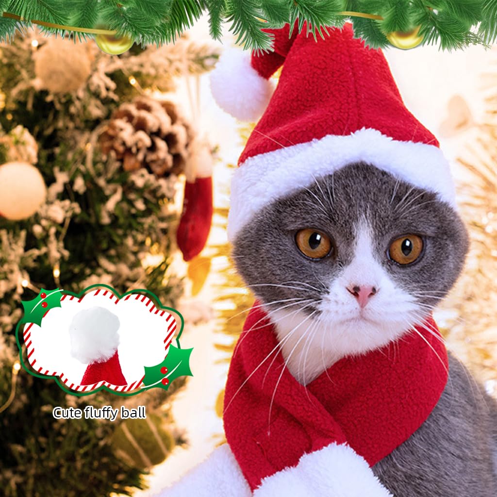 Qpets Christmas Cat Costume Set with Adjustable Drawstring Hat and Scarf for Holiday Photos | Neck 32 cm