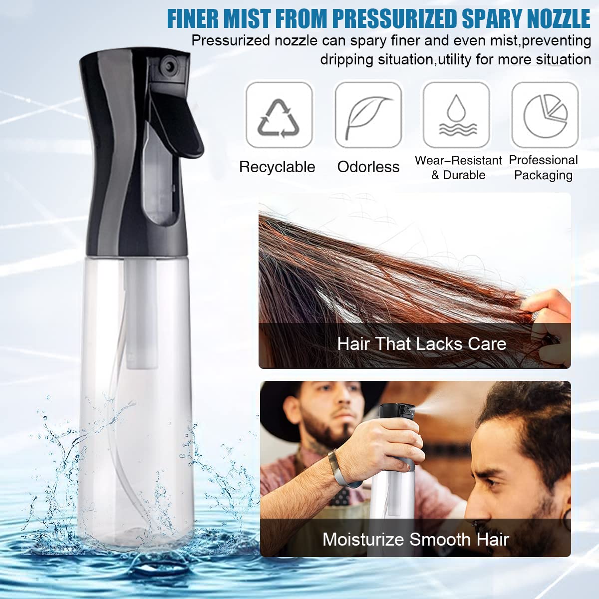 ZIBUYU Spray Bottle for Hair and Skin with 300ml Capacity featuring Pressurized Nozzle | Clear PET Refillable Design