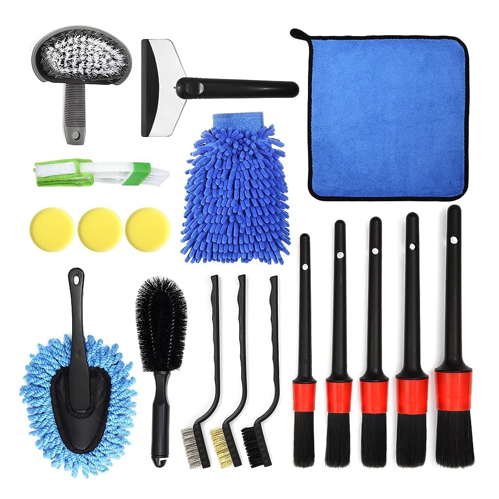 STHIRA® 18Pcs Car Cleaning Brush Kit with Wash Mitt Sponge Towels, Tire Brush Tool Set, Interior Exterior Car Care Detailing Set for Car Motorcycle Bike Cleaning Wheels, Engine, Emblems, Air Vents Use