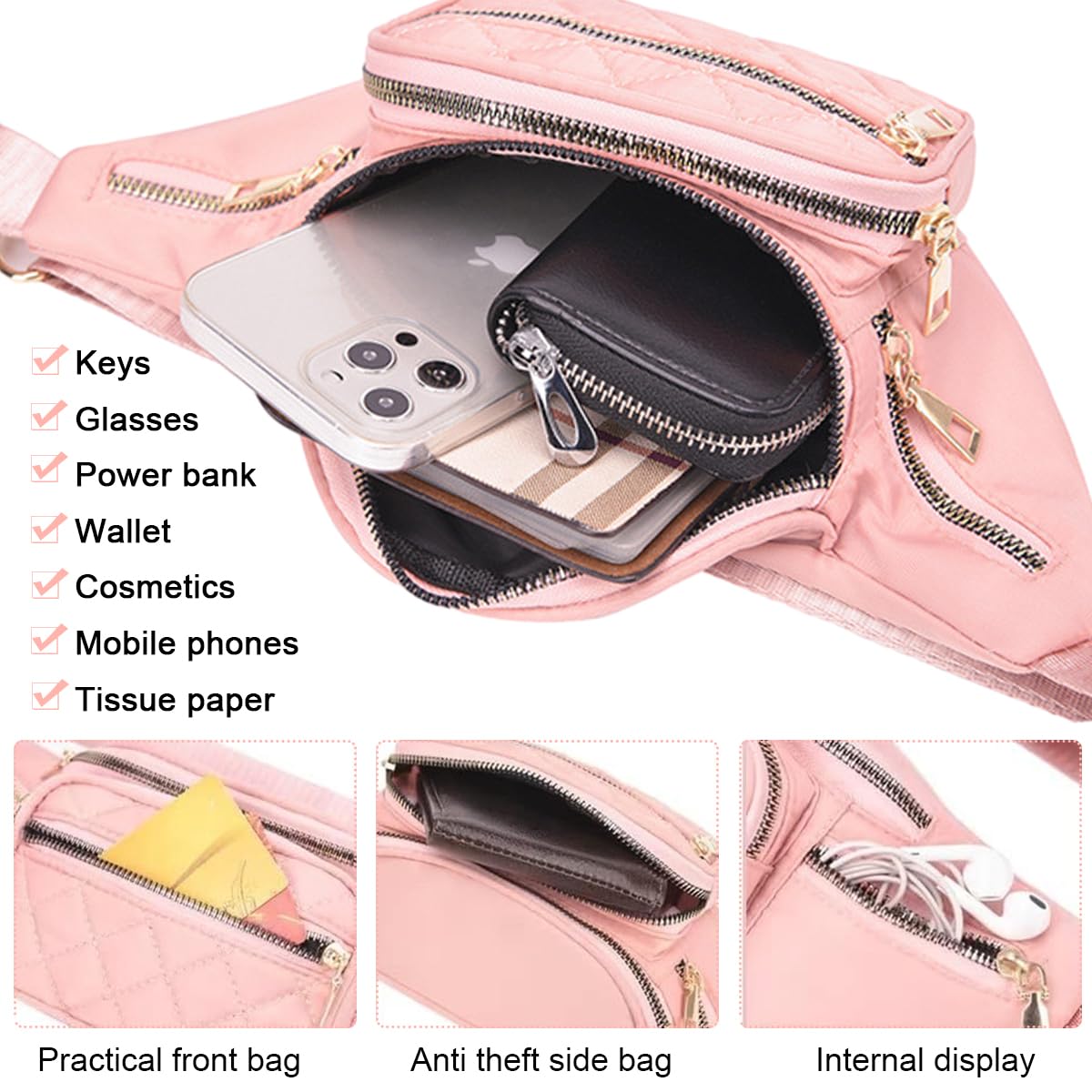 PALAY® Chest Bag for Women Fashion Crossbody Bag Phone Bag Stylish Nylon Crossbody Shoulder Bag Mobile Cell Phone Holder Pocket Purse Wallet Sling Bag Mini Shoulder Bags (Pink )