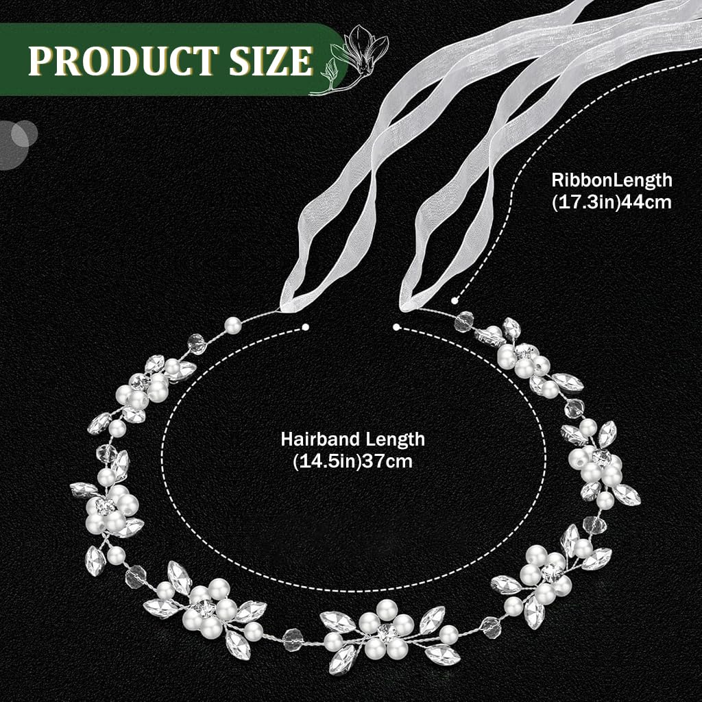 SANNIDHI Bridal Headband for Weddings with Pearl and Rhinestone Floral Design | Adjustable Ribbon Tie-Back