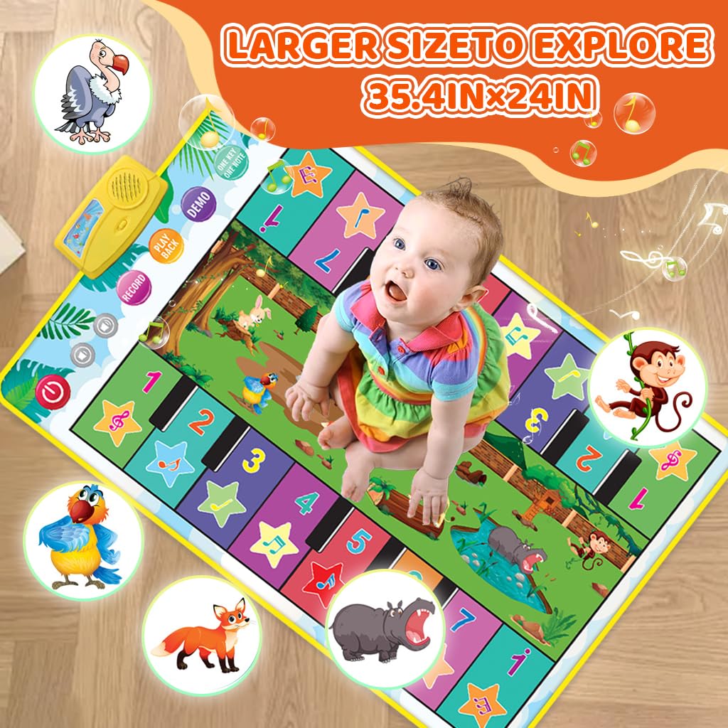 PATPAT Piano Mat for Kids with 16 Keys and 8 Instrument Sounds featuring Dual Row Design | 36 x 24 in Foldable Musical Floor Toy for Early Learning