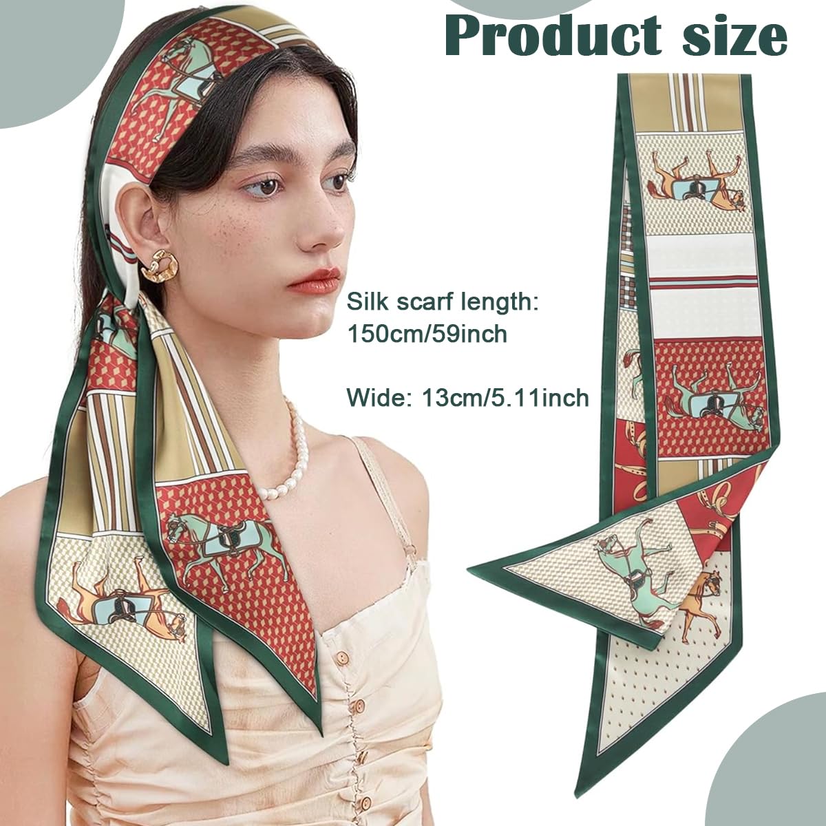 PALAY Silk Neck Scarf for Women with Narrow 59x5.3 in Design and Smooth Dacron Texture | Elegant Print for Suits and Blazers