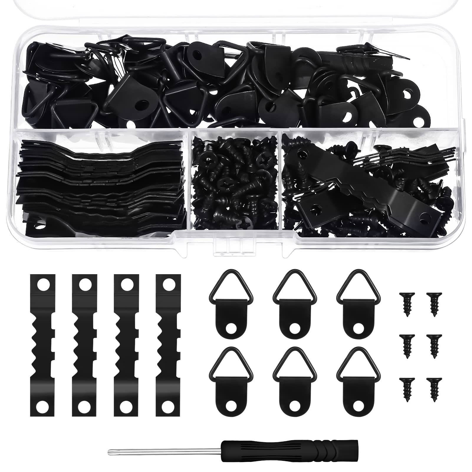 ZIBUYU® 251 Pcs Picture Hanging Kit - Black Photo Frame Hooks, 50 Sawtooth Hangers, 50 Turn Buttons, 150 Screws, Screwdriver & Storage Box for Artwork, Wall Decor, Home & Office Use