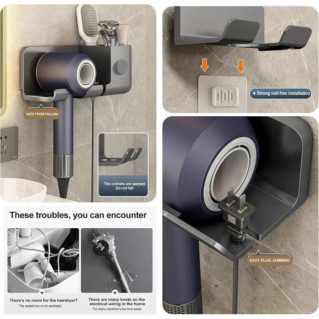 HASTHIP Wall Mount Hair Dryer Holder for Bathroom with 23.1x9.5x8.8 cm Self Adhesive Rack | ABS Plastic Organizer