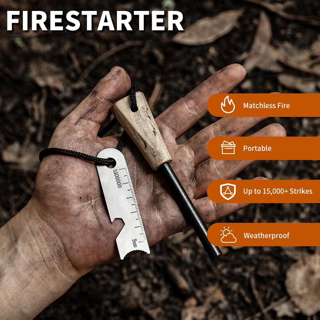 Optifit® Multi-Function Fire Starter Kit with Waterproof Magnesium Flint, Steel Striker Ruler, Survival Gadgets for Camping, Outdoors, Emergency - Durable, Compact & Portable with Bottle Opener