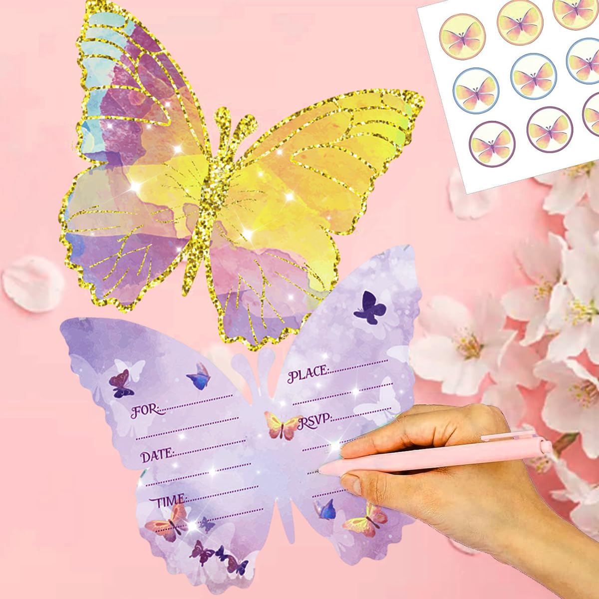 Venzina Butterfly Birthday Invitation Cards for Kids with Envelopes and Stickers 12 Pieces