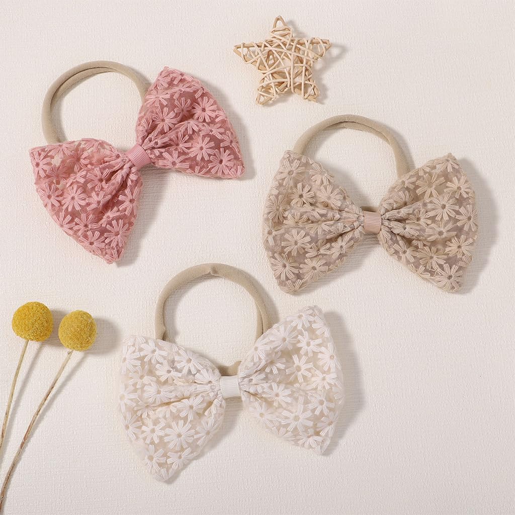 PALAY Hair Bands for Baby Girls with Embroidered Daisy Bows in Soft Stretchy Nylon | 4pcs Gift Set