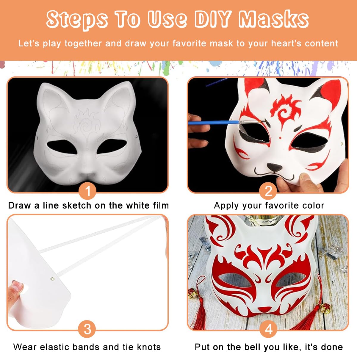 PATPAT® 5pcs Cat Mask, Blank DIY Halloween White Graffiti Cat Masks Graffiti Masquerade Mask Halloween DIY Face Mask with Acrylic Paints, Brush Pens, Tassle Charms & Sakura Bell Charms