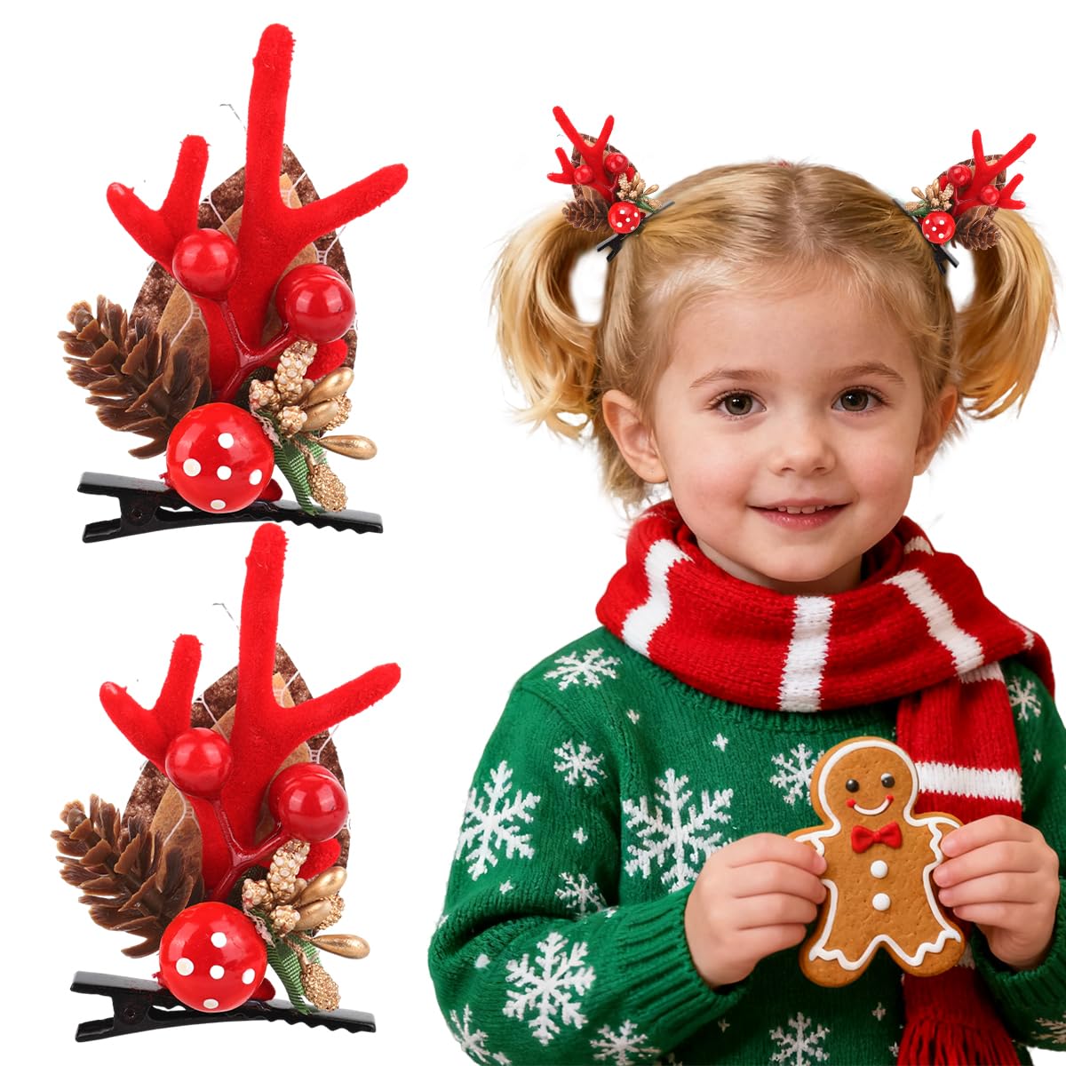 MAYCREATE Christmas Elk Antlers Hair Clips for Festive Parties with Red Berries | Women and Girls Holiday Hair Accessories