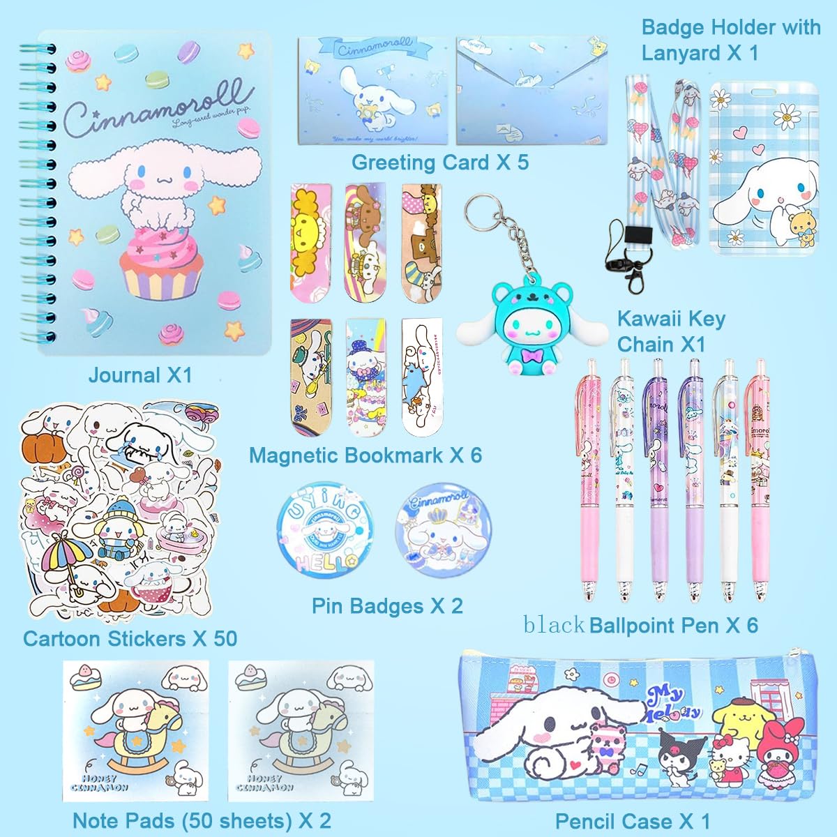 Climberty® Kawaii Cinnamoroll School Supplies Set, Kawaii Stationeries Supplies Set with Notebook, Pencil Pouch, Click Pens, Assorted Cinnamoroll Cartooon Stickers