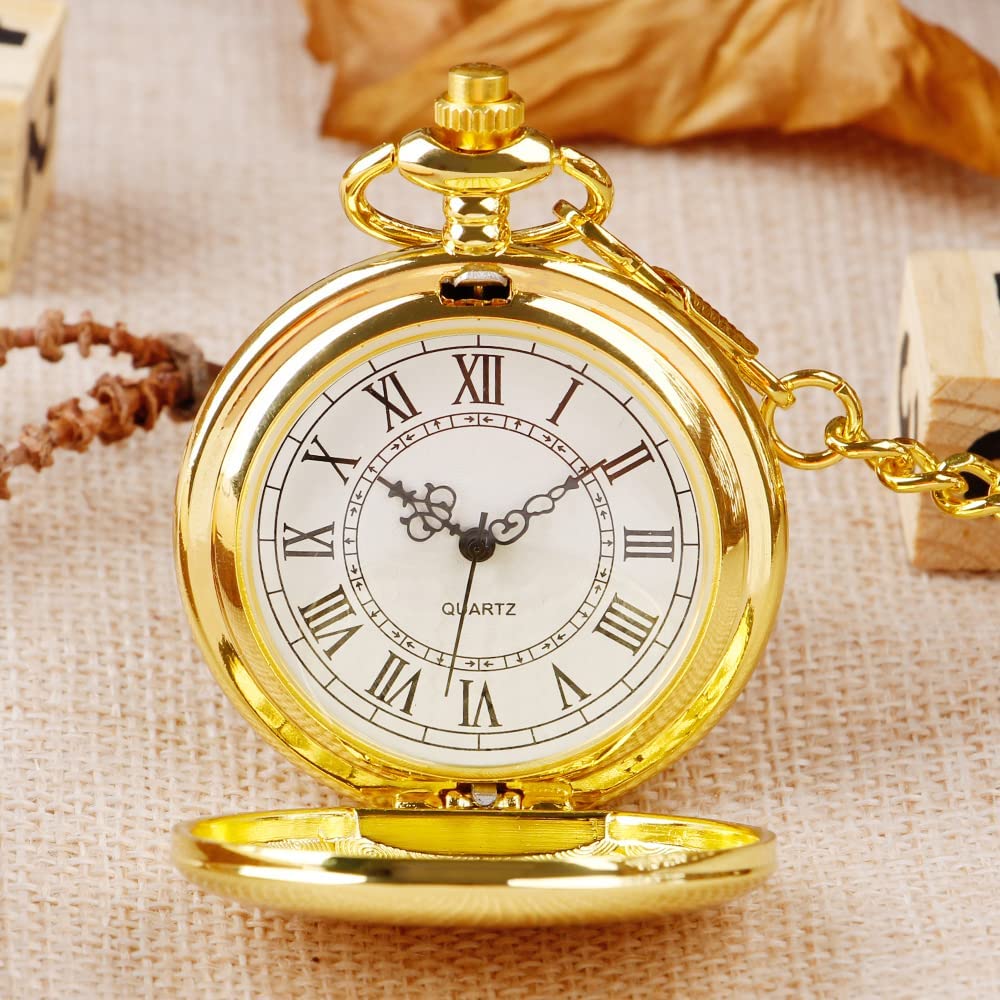 ZIBUYU  Pocket Watch with Chain for Men Antique Retro Style Alloy Pocket Watch Special Birthday Gift for Husb 4.6 CM Diameter -Golden