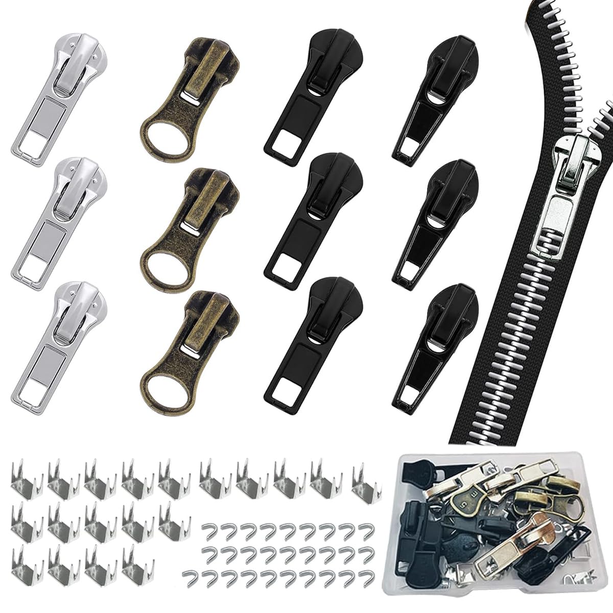 HASTHIP® Zipper Repair Kit Includes 12pcs Replacement Metal Zipper Sliders Puller, Zipper Head Bottom Stop and Top Stops, Universal for Repairing Coat, Jacket, Bag