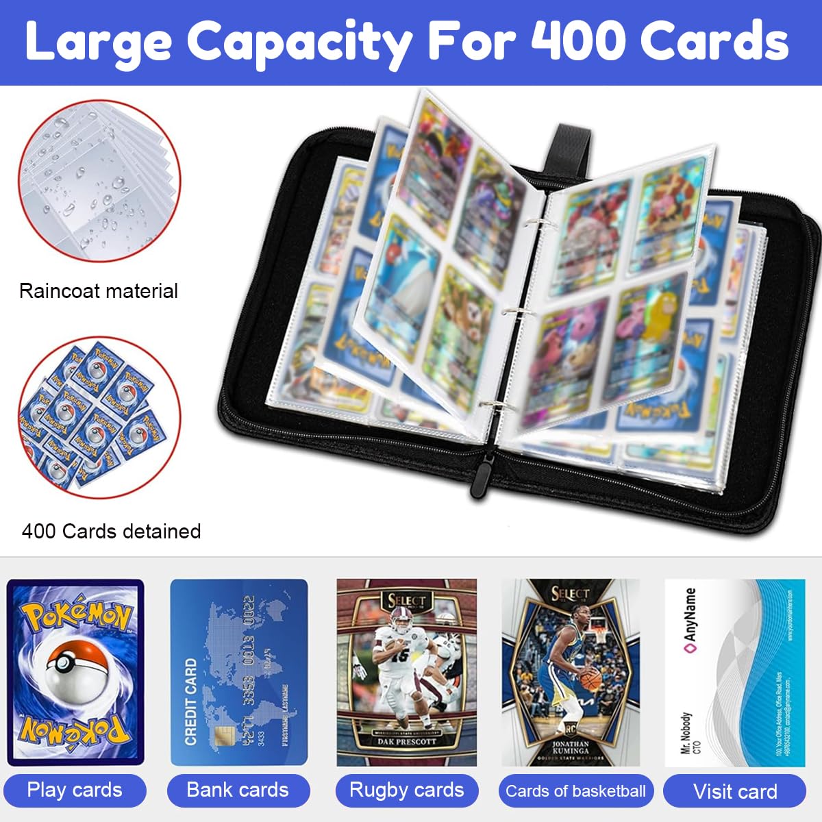 PATPAT Soccer Card Binder for Collectible and Game Cards with 400 Pockets and Zipper Closure | Waterproof PU Cover Organizer