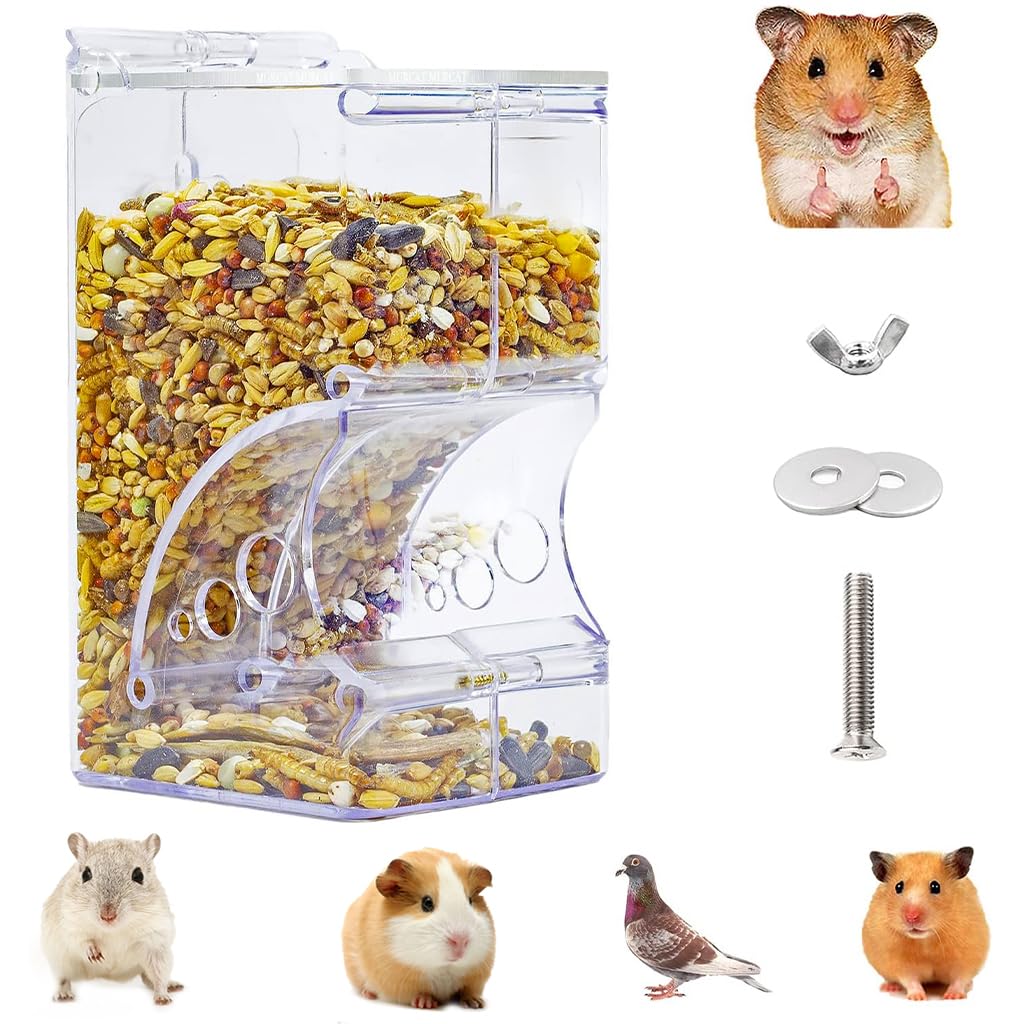 Qpets® Hamster Food Feeder Transparent Acrylic Hamster Food Feeder for Cage with Screw Kits 300ml Pet Feeder Pet Food Bin Automatic Food Feeder for Hamsters, Guinea Pig, Ferrets, Hamsters, Hedgehogs