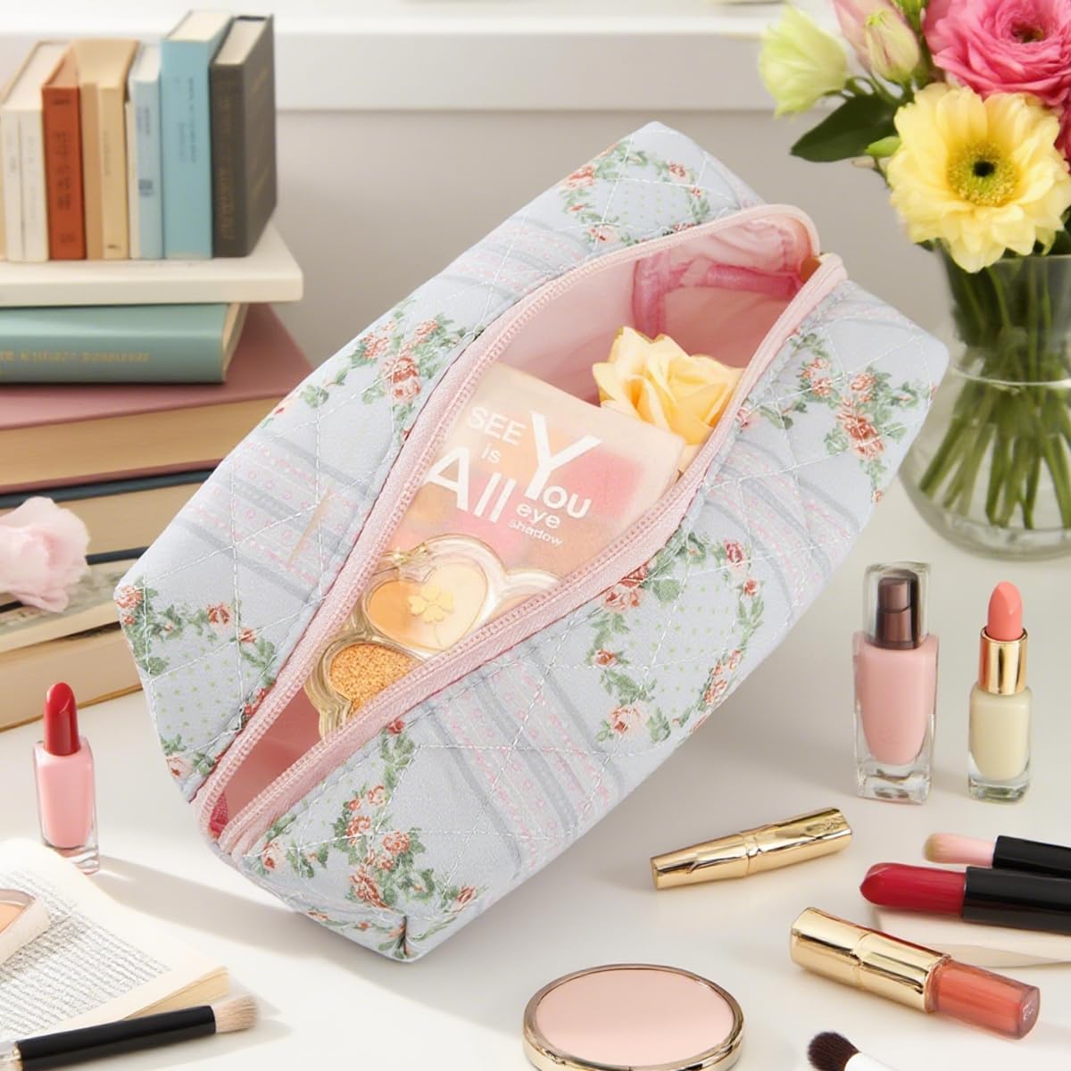 MAYCREATE Makeup Pouch Bag for Travel and Daily Use with Zipper Closure 20.5x9x9.5cm | Soft Floral Organizer for Women