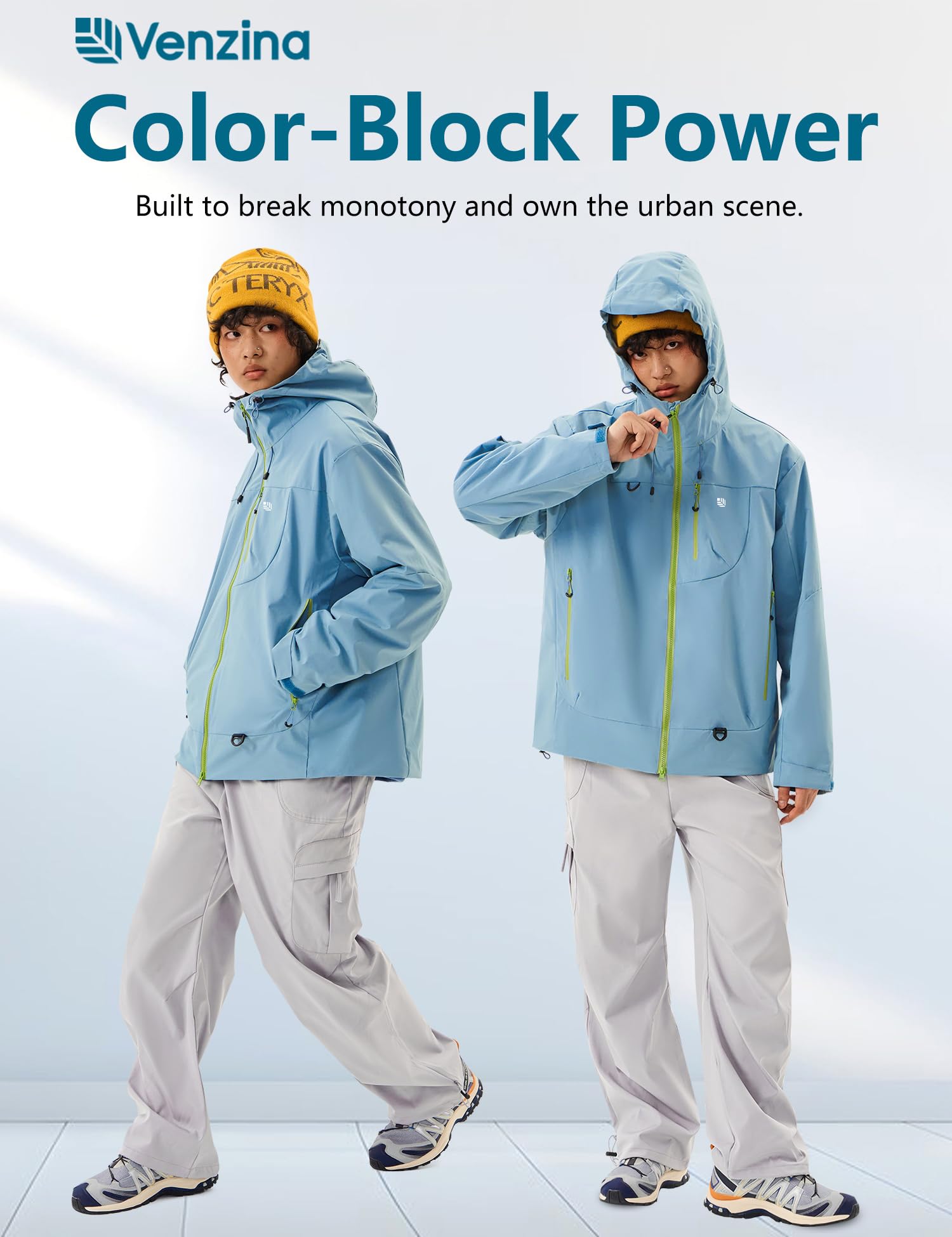 Venzina Men's Waterproof Rain Jacket for Urban Commuting with Breathable Color Block Design