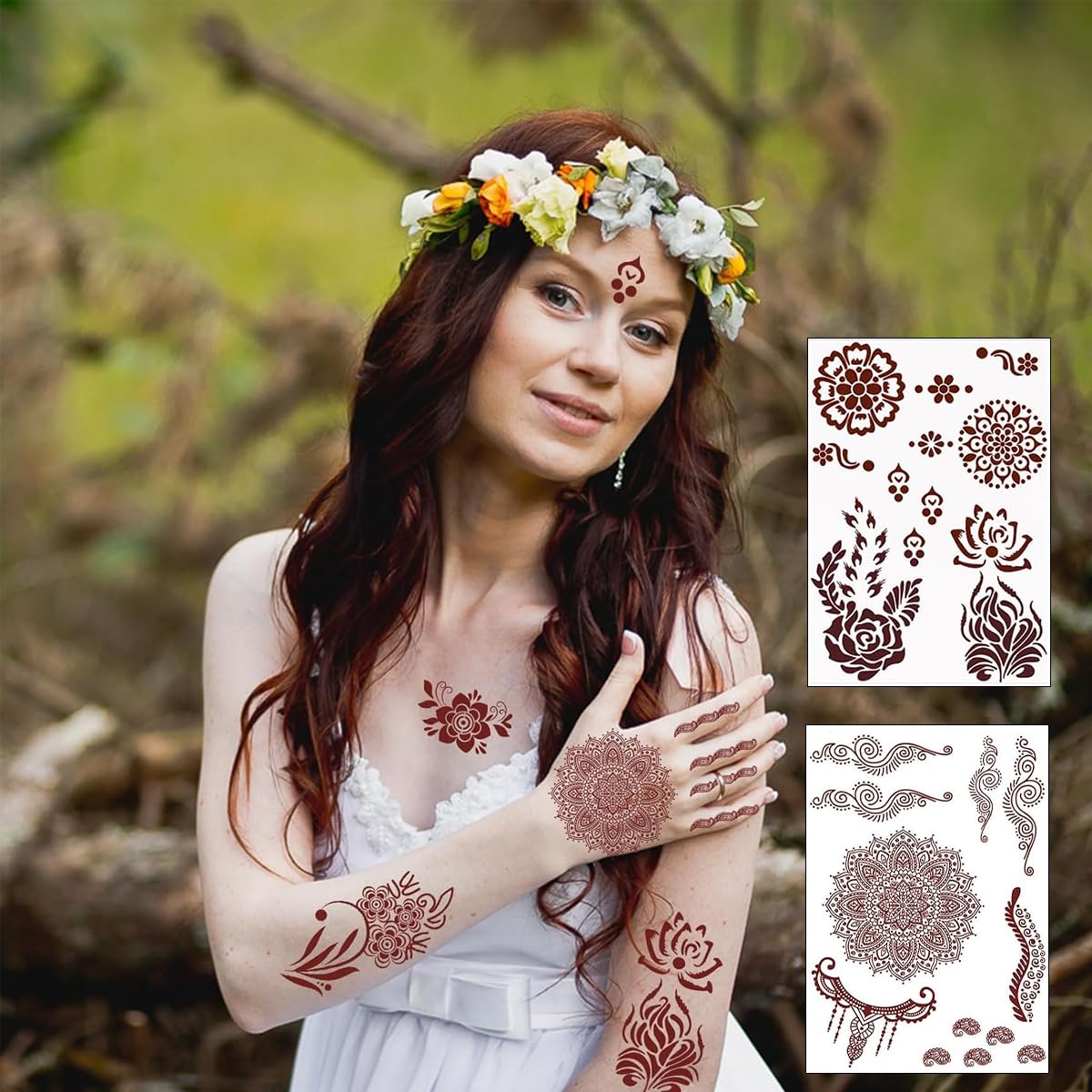 MAYCREATE® Tattoo Sticker 12 Sheets Mandala Temporary Tattoo for Women Girls Brown Lotus Flower Arm Band Tattoo Waterproof Henna Tattoo Stickers for Hands, Body, Arm, Feet