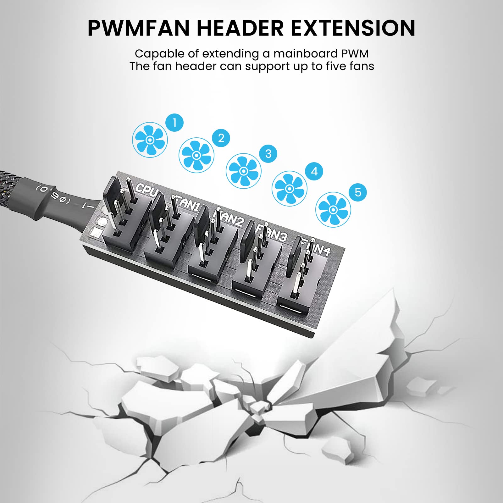 Verilux PWM Fan Hub Splitter for PC Cooling Fans featuring 1 to 5 Way Design and 15.7 in Nylon Sleeve | Easy Installation