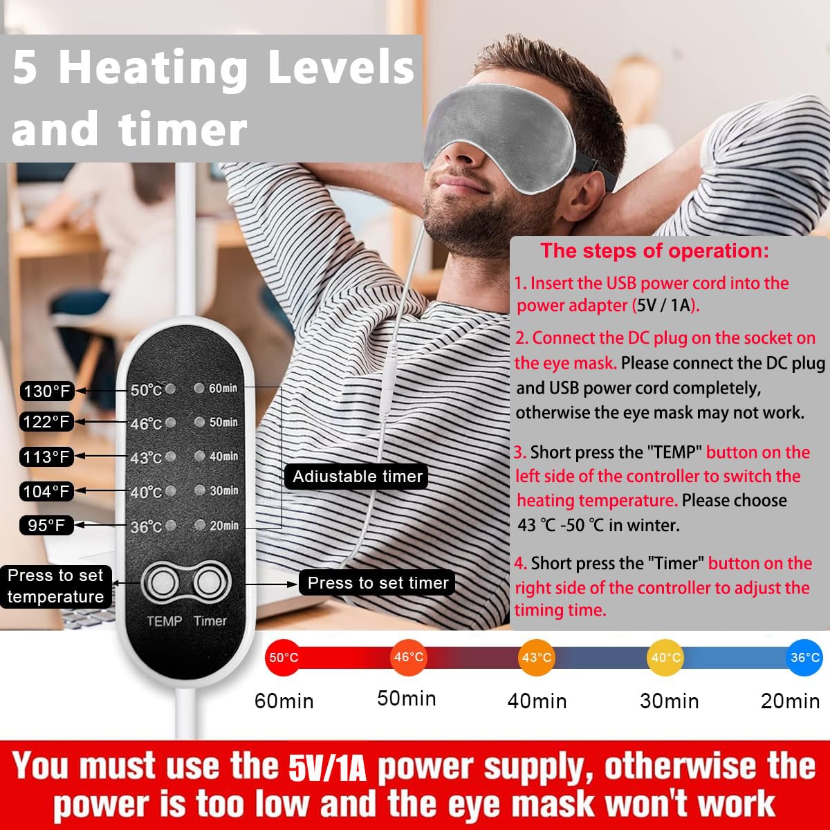 HANNEA Heated Eye Mask for Sleep with 5 Level Temperature and Timer Control | Grey