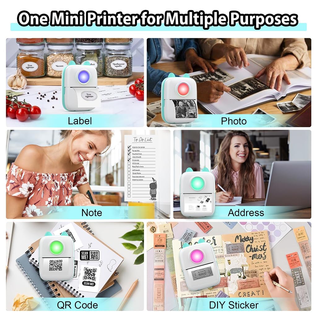 ZEITEL Mini Bluetooth Thermal Printer for Android and iOS with 15 Paper Rolls and 200DPI | Ink‑Free Portable Label Maker in Pink