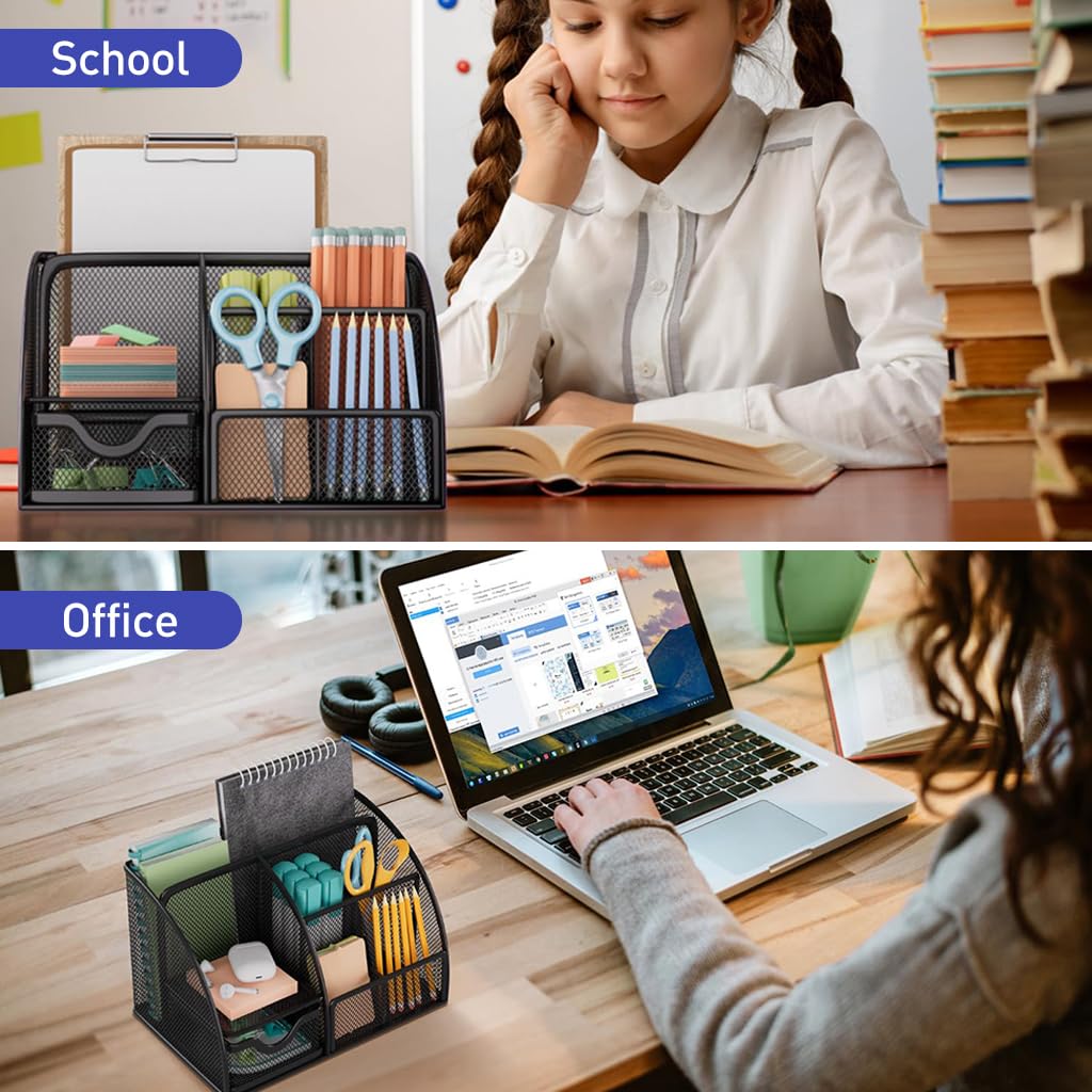 Zibuyu Metal Desk Organizer for Office Supplies with 7 Compartments and Drawer 22x14x13 cm
