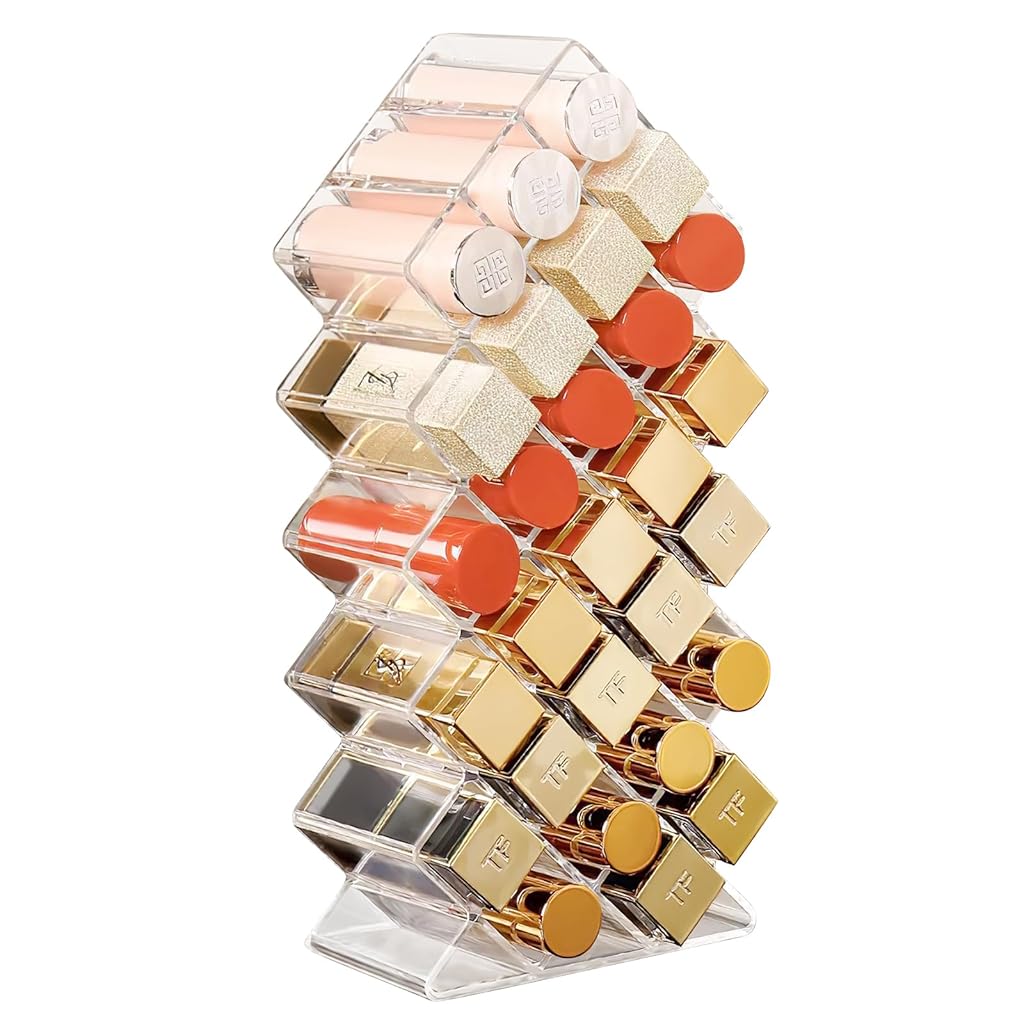 HANNEA® Lipstick Holder Organizer Stand 28-slot Transparent Desk Lipstick Organizer Space Saving Dressing Table Organizer Freestanding Displaying Rack for Lipsticks, Lip Balms, 11x6.5x25.5cm