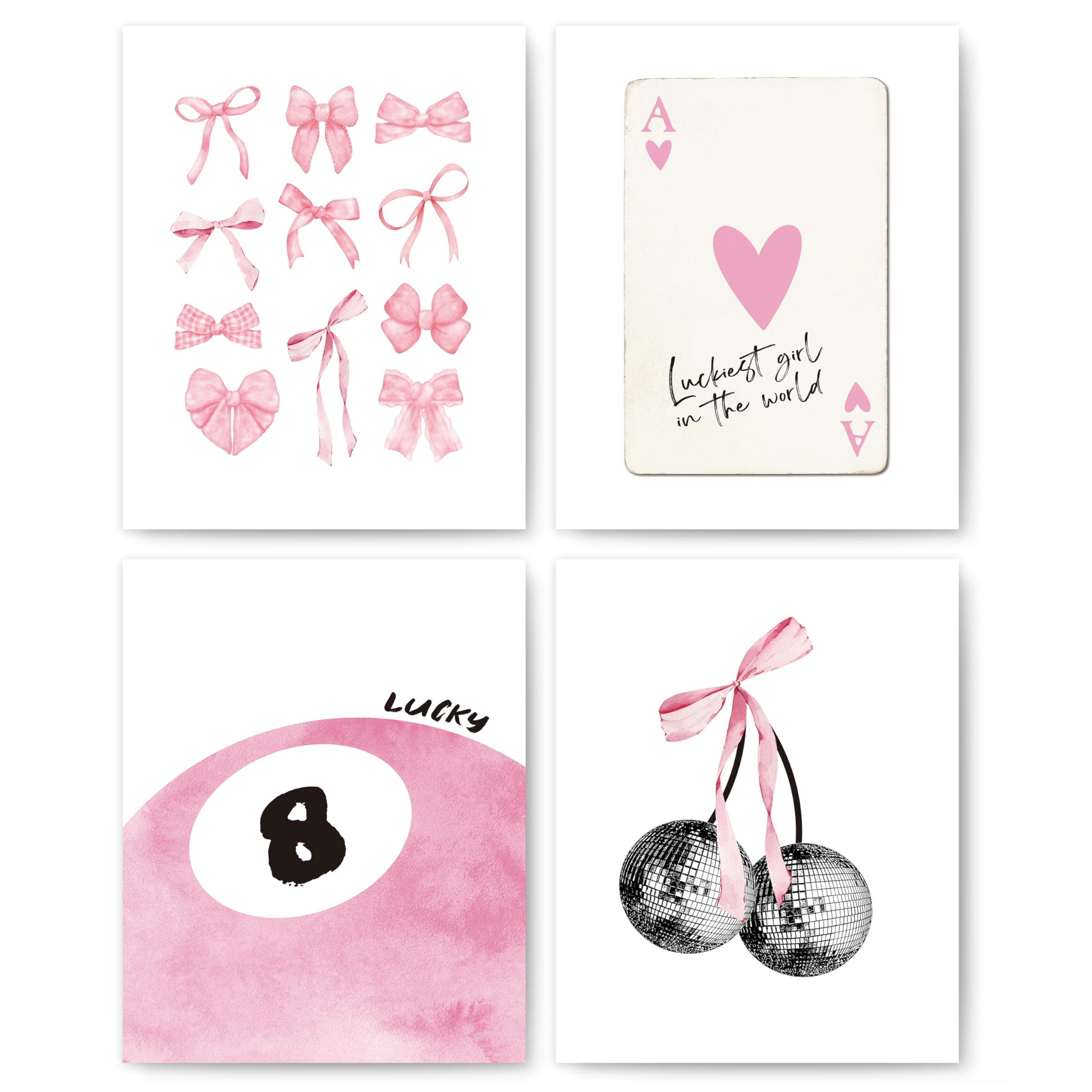 HASTHIP® Pink Coquette Trendy Preppy Wall Art Prints Set of 4,Coquette Room Decor Preppy Room Decor Aesthetic Disco 8 Ball Cherry Wall Posters for Girls Bedroom 8x10 Unframed