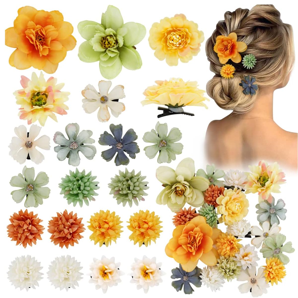 PALAY Flowers Hair Clips for Wedding and Party with 20pcs Chiffon Floral Design | Boho Style for Women and Girls
