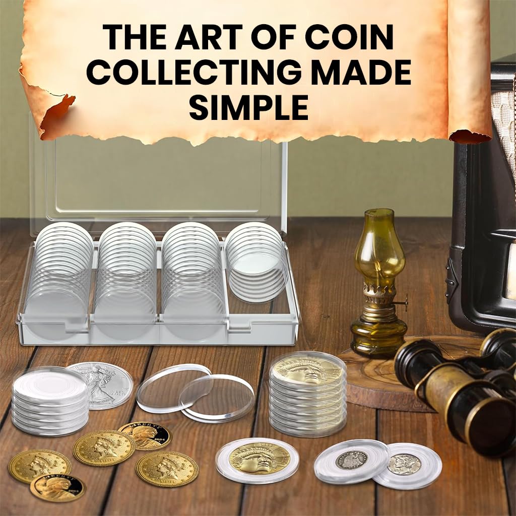 Climberty Coin Box for Collectors with 60 Pcs 17–40mm Capsules | Clear Plastic Organizer
