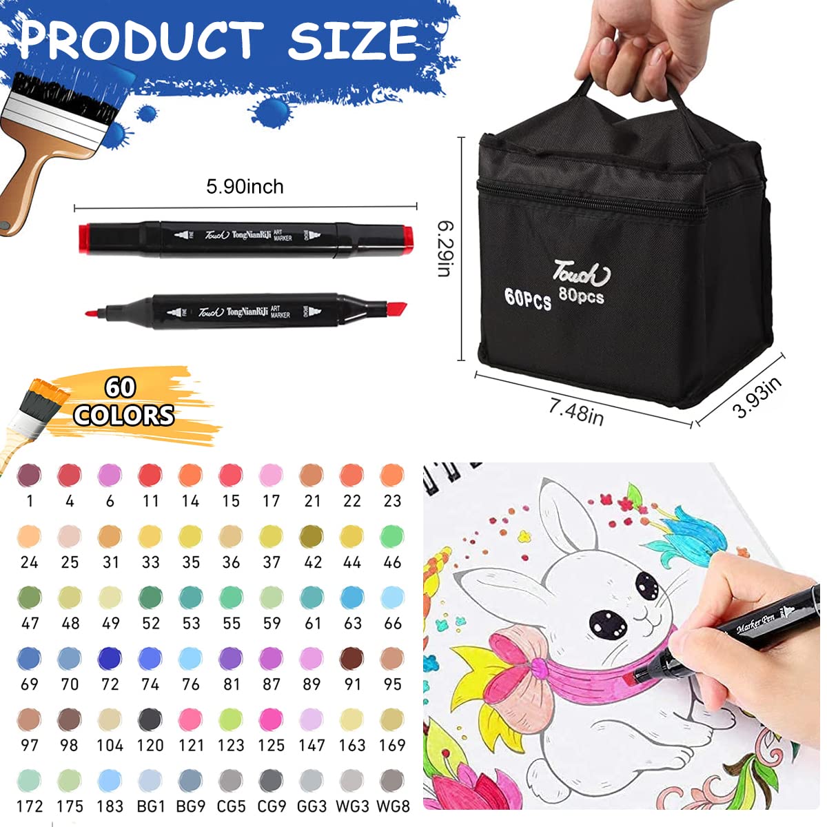 HASTHIP® 60 Colors Alcohol Markers Pens,Dual Tip Twin Marker Pens Acrylic Marker Pens,Anime&Manga Colouring Pens With Carrying Case For Painting Sketching Calligraphy Drawing Graffiti Design,Black