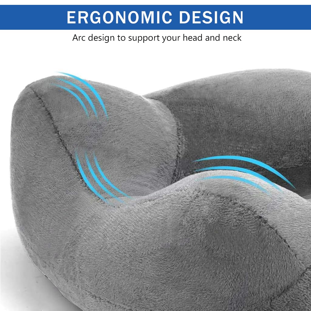 HANNEA Inflatable Travel Neck Pillow for Airplane Sleeping with 360° Ergonomic Support | Soft Velvet Washable Set with Eye Mask and Earplugs