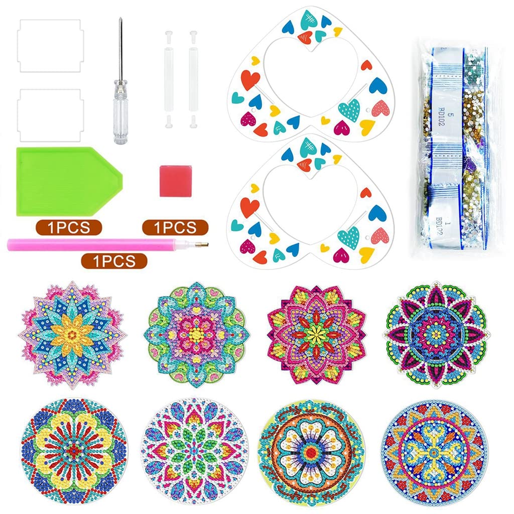 HASTHIP® 8Pcs Diamond Painting Coasters with Holder, DIY Mandala Coasters Diamond Painting Kits for Beginners, Adults & Kids Art Craft