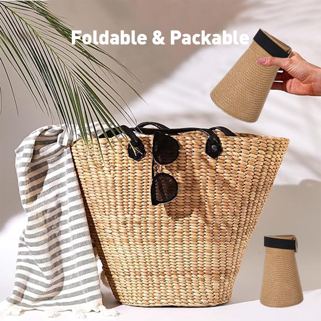 PALAY Womens Sun Visor Hat for Beach and Travel with Adjustable Strap UPF 50 Khaki 2 PCS