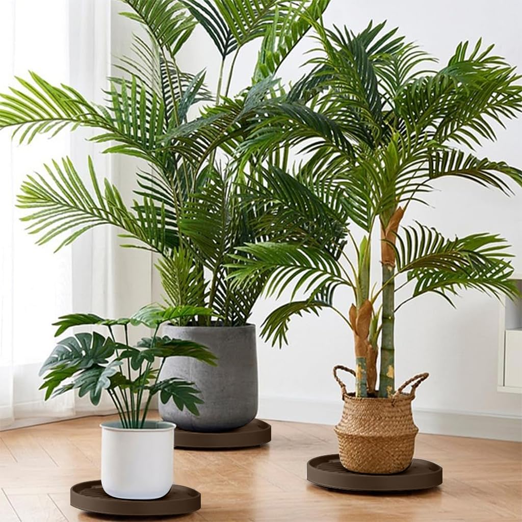 HASTHIP Plant Pot Stand for Indoor and Outdoor Use with 360° Wheels and Spiral Ridged PP Tray | 37 cm Round Brown