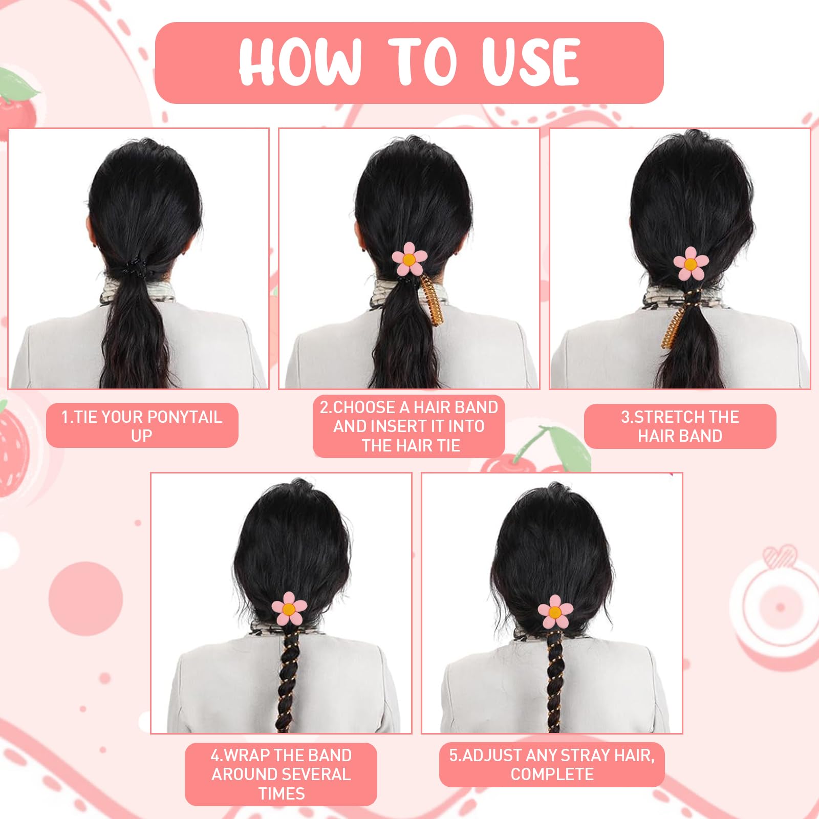 Venzina Spiral Hair Ties for Girls with Heart and Flower Charms | 3 Pcs Elastic Bands