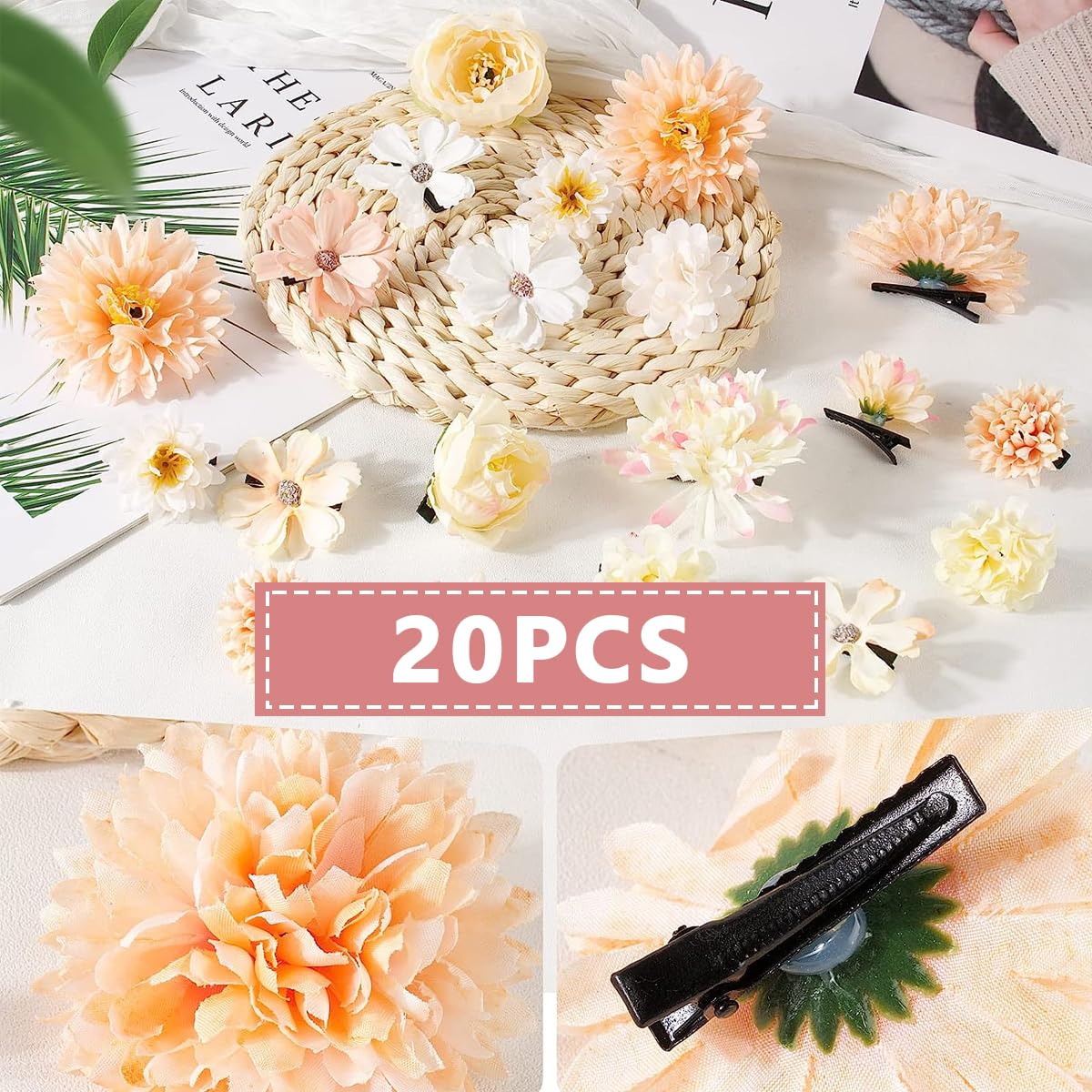 PALAY® 20pcs Floral Bridal Hair Clips for Women Girls, Bohemian Chiffon Rose Hair Barrettes, Flower Brooch Hairpin Hair Accessories for Beach Party Wedding Hairstyles Decor