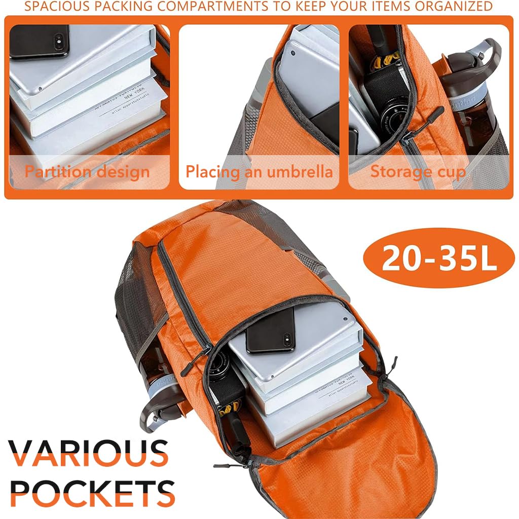 Venzina Travel Backpack for Hiking and Camping with 20L Capacity and Foldable Design | Lightweight Water Resistant Orange Bag