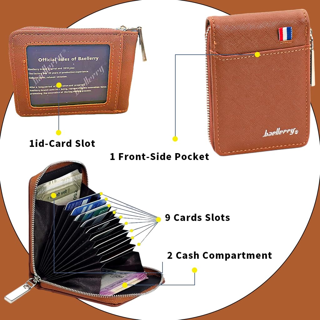 ZIBUYU Card Wallet for Women and Men with 9 Card Slots and ID Window | Brown PU Leather