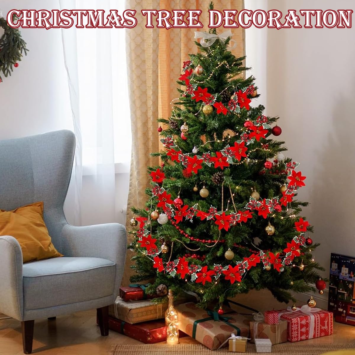 HASTHIP® 2Pcs Christmas Tree Decorations 6.6Ft Poinsettias Ornament Artificial Winter Holly Christmas Tree Decorations Artificial Christmas Flowers Christmas Wreath Garland Decoration Door Decoration