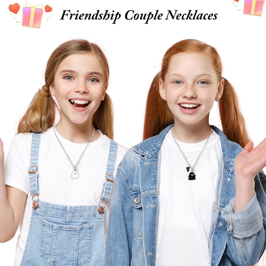 Zibuyu Friendship Necklace for Best Friends with Magnetic Heart Charm and 60cm Chains | Black and White Ghost Design