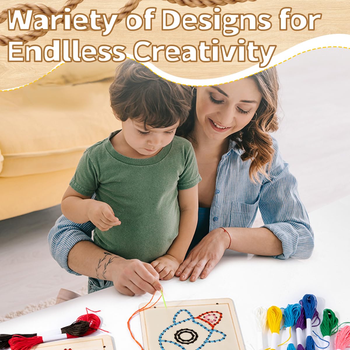 HASTHIP Montessori Wooden Lacing Toys for Fine Motor Development with 4 Boards and 10 Yarns | Educational Sewing Kit for Kids Ages 2–7